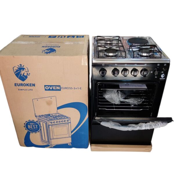 Euroken 50cm x 55cm standing cooker, 3 gas burners + 1 electric and electric oven
